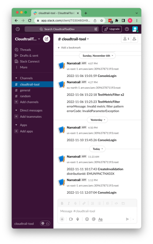 Slack screenshot of Narratrail